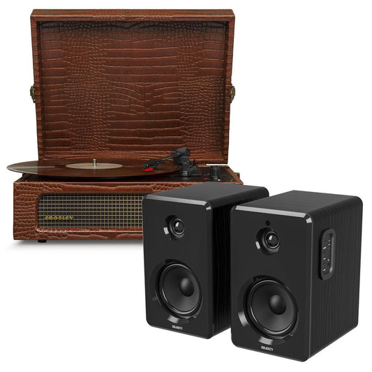 Crosley Voyager Bluetooth Portable Turntable - Brown Croc + Bundled Majority D40 Bluetooth Speakers - Black-Crosley-Mood